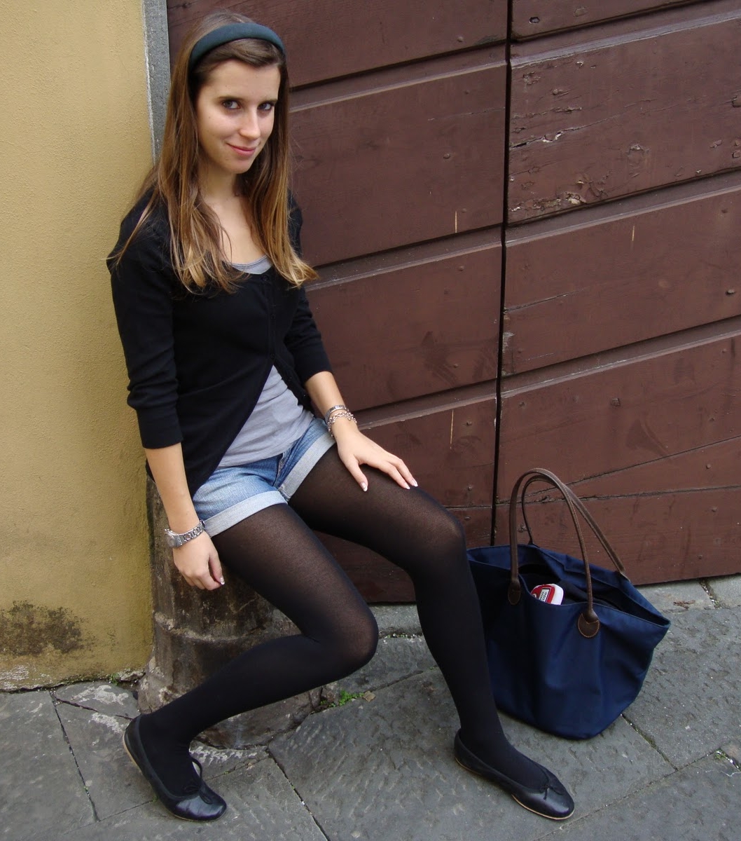 Auburn Teen Girl wearing Black Opaque Pantyhose and Blue Denim Shorts